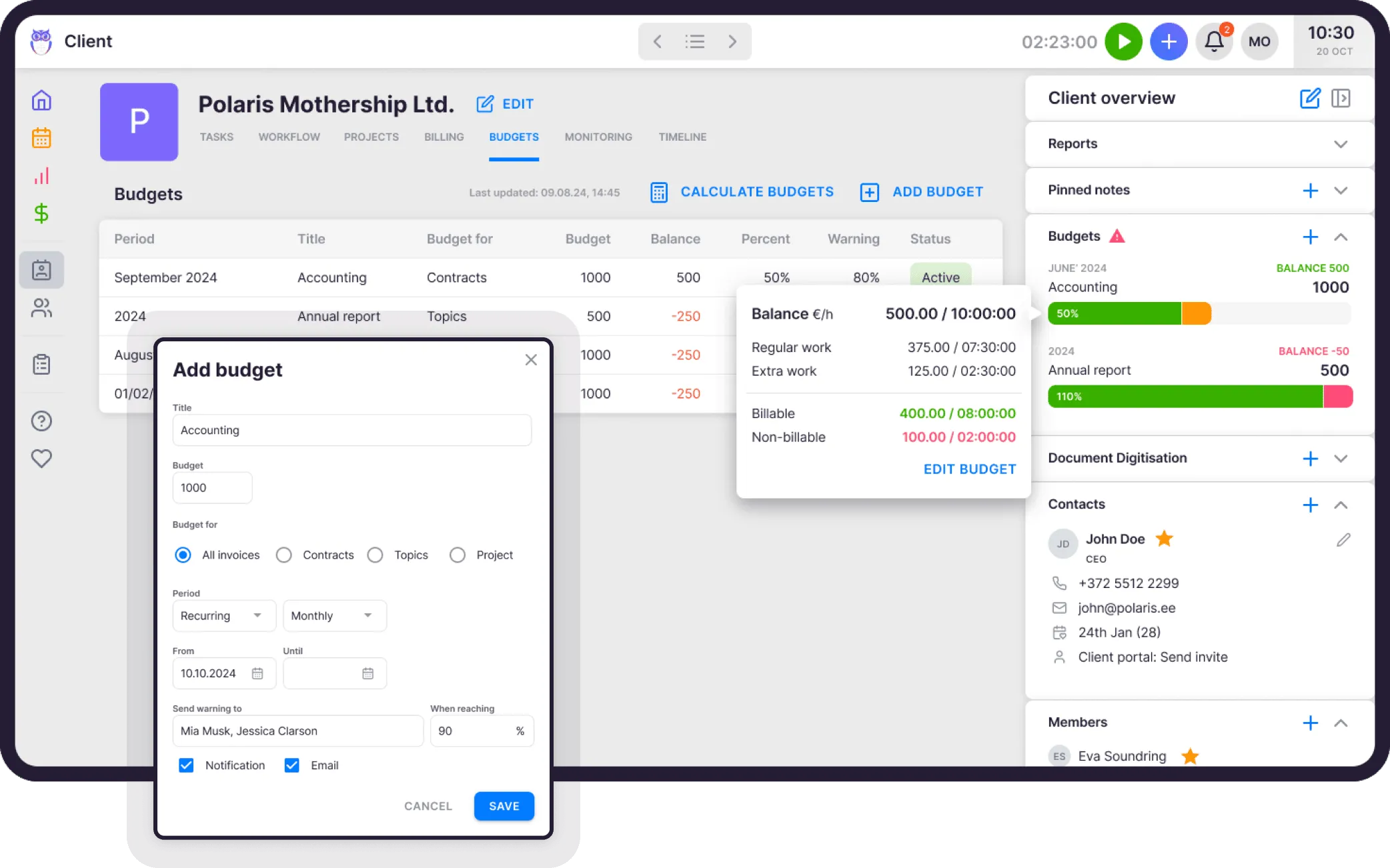 Uku budget progress view with progress bar, balance breakdown, and billable hours
