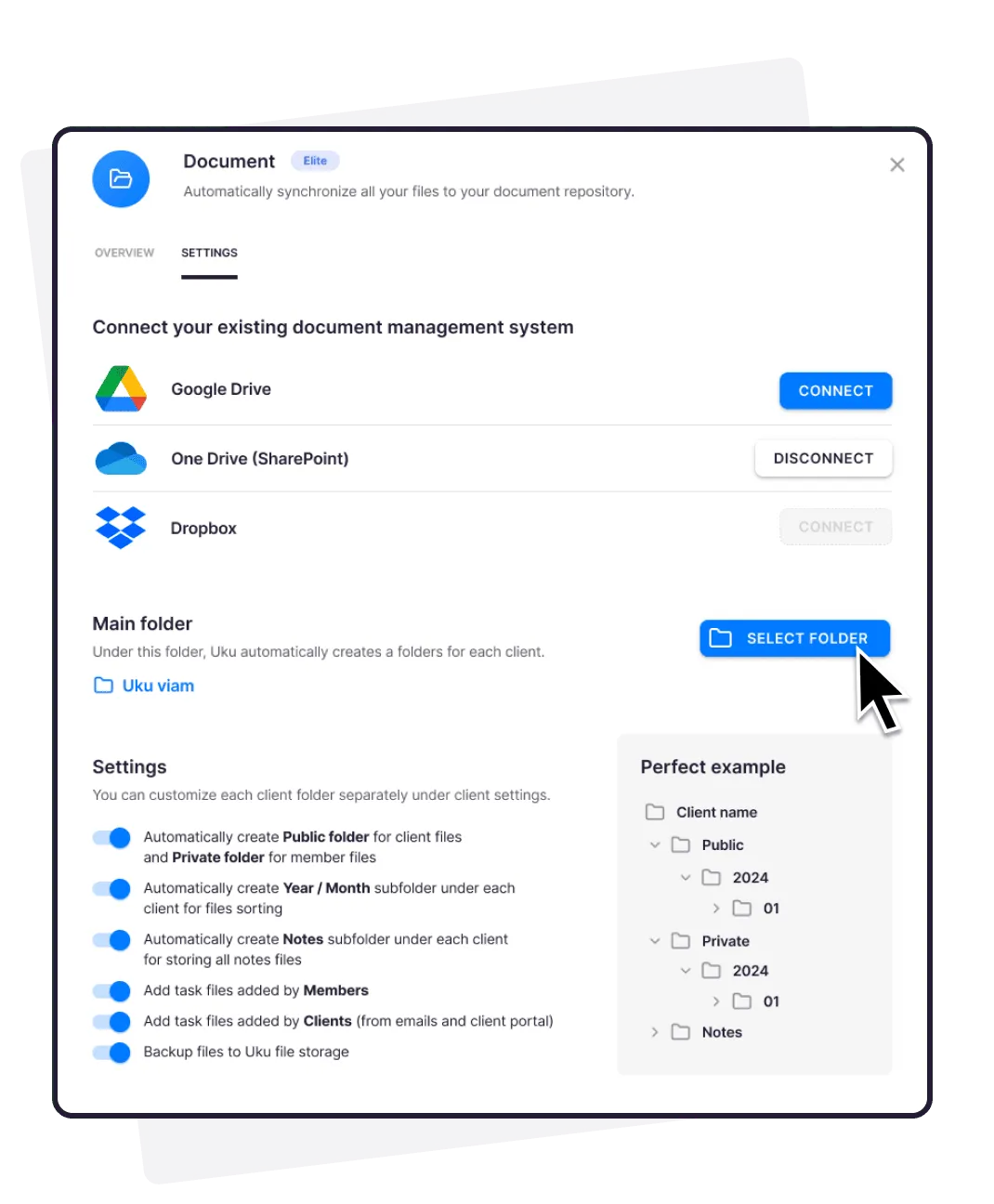 Uku Documents settings β Google Drive, OneDrive, folder structure configuration