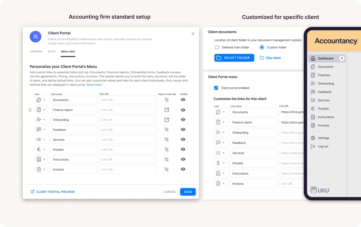 Client portal customized menu configuration