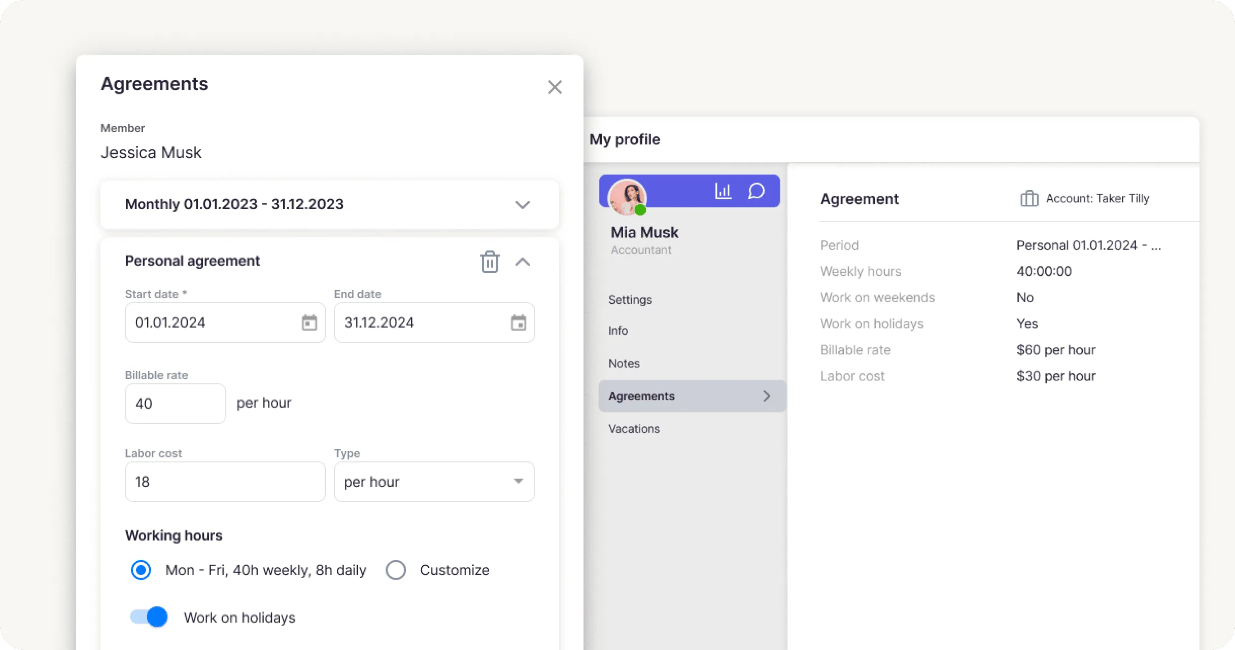 Uku employee profile with custom fields, labor costs, and memo system