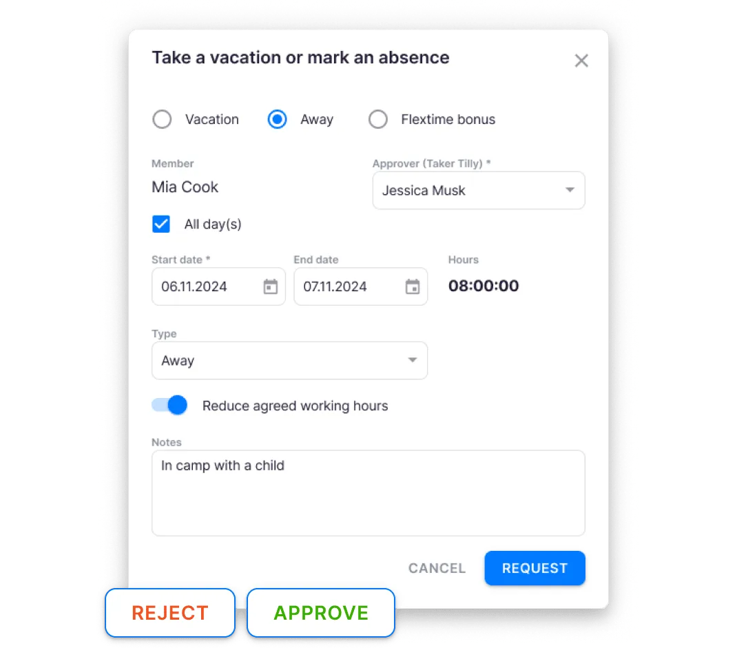 Uku vacation management — request, approve, flextime bonus options
