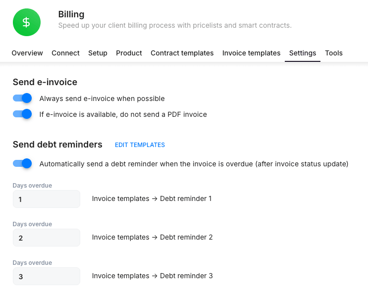Uku billing settings — automatic debt reminders sent at 1, 2 and 3 days overdue, plus e-invoice options