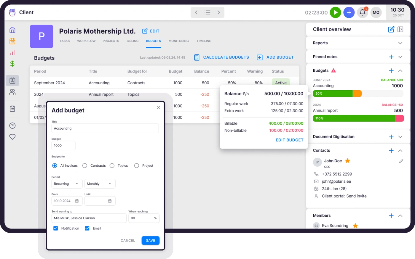 Uku client budgeting — budgets tracked against logged hours with margin alerts