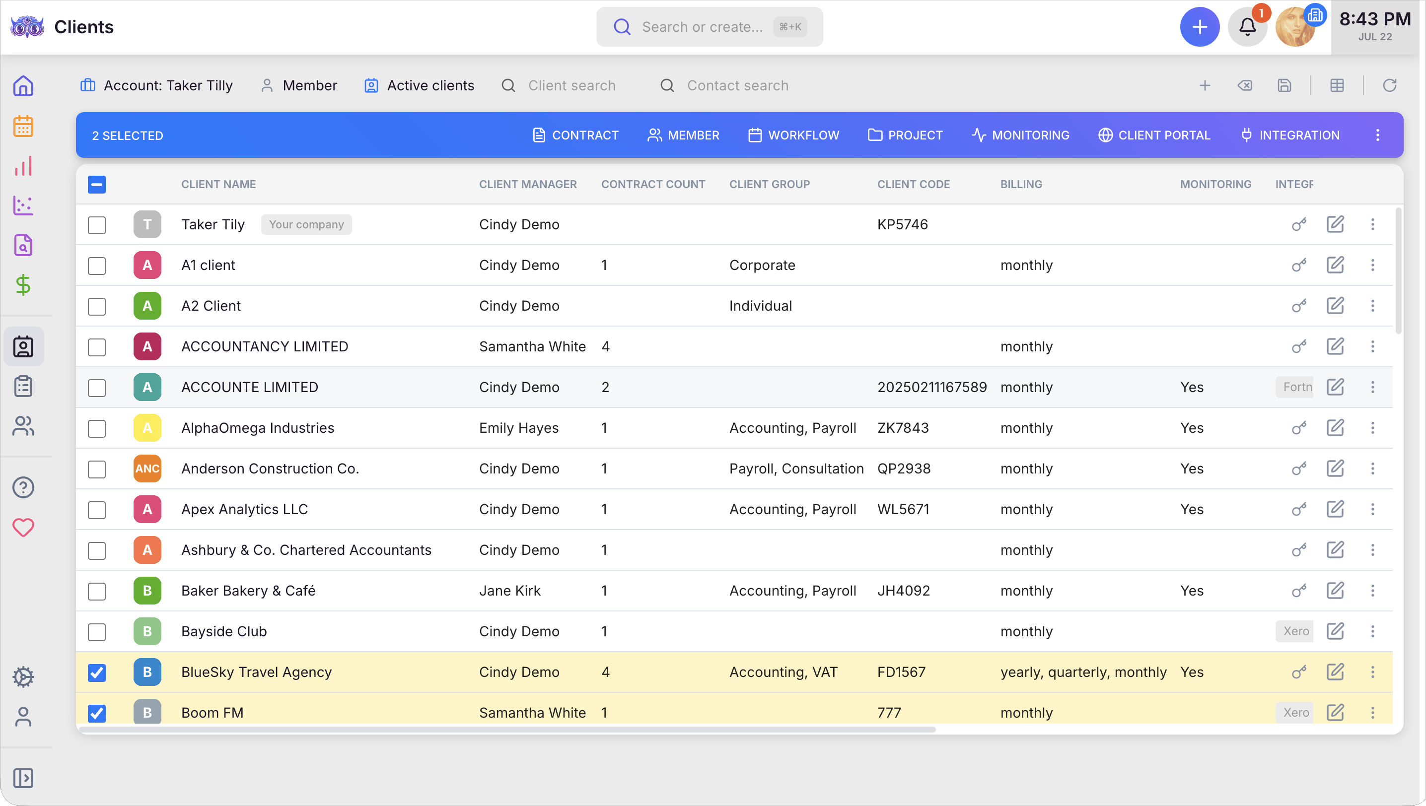 Uku accounting CRM — the client list with managers, contract counts, billing, monitoring and integrations, plus a bulk-action bar