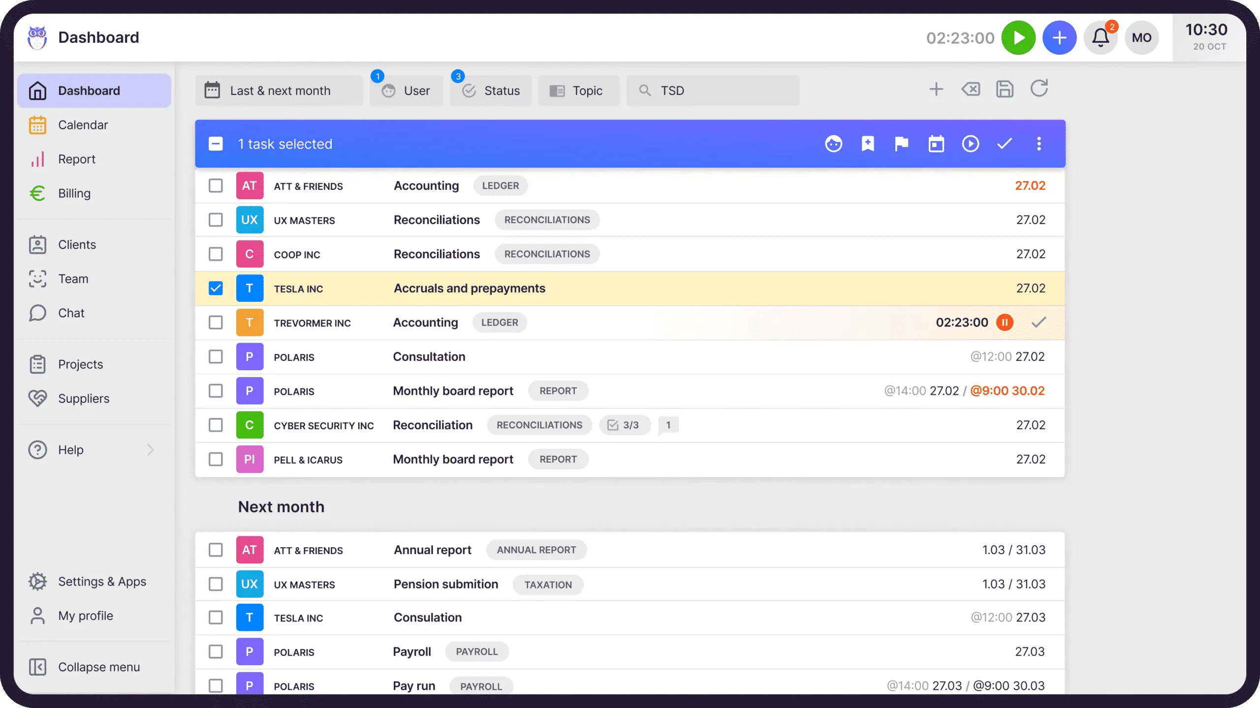 Uku dashboard — accounting practice management overview with tasks, clients, and billing