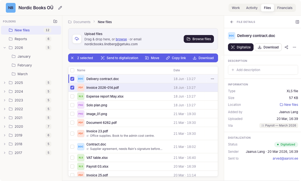 Uku document management — files organized by client, year, and month