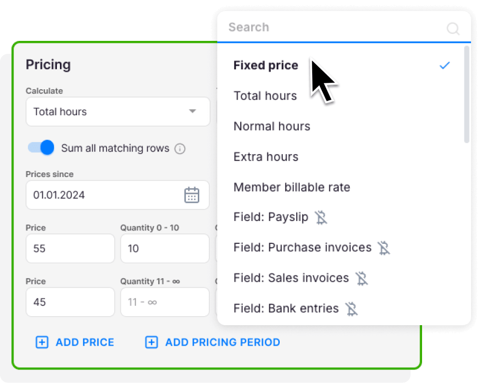 Uku billing pricing setup — choosing a pricing model (fixed price, hourly, member rate or per-field) with per-quantity price tiers