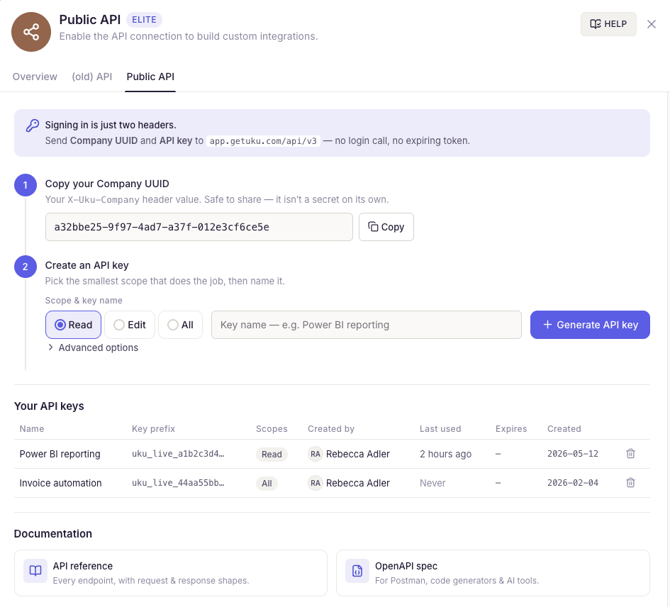 Uku Public API screen — copy your Company UUID, then create a scoped API key (Read, Edit or All); existing keys appear under Your API keys with their scope and last-used time