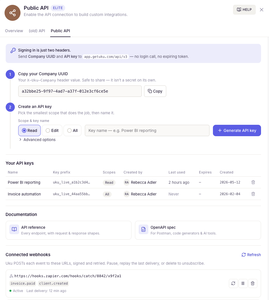 Uku Public API screen — copy your Company UUID, then create a scoped API key (Read, Edit or All); existing keys appear under Your API keys with their scope and last-used time