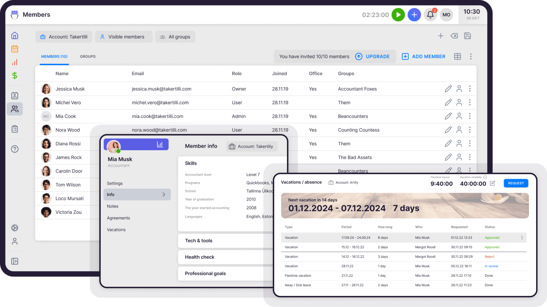 Uku workforce management — Members view with employee data, working hours, and vacations